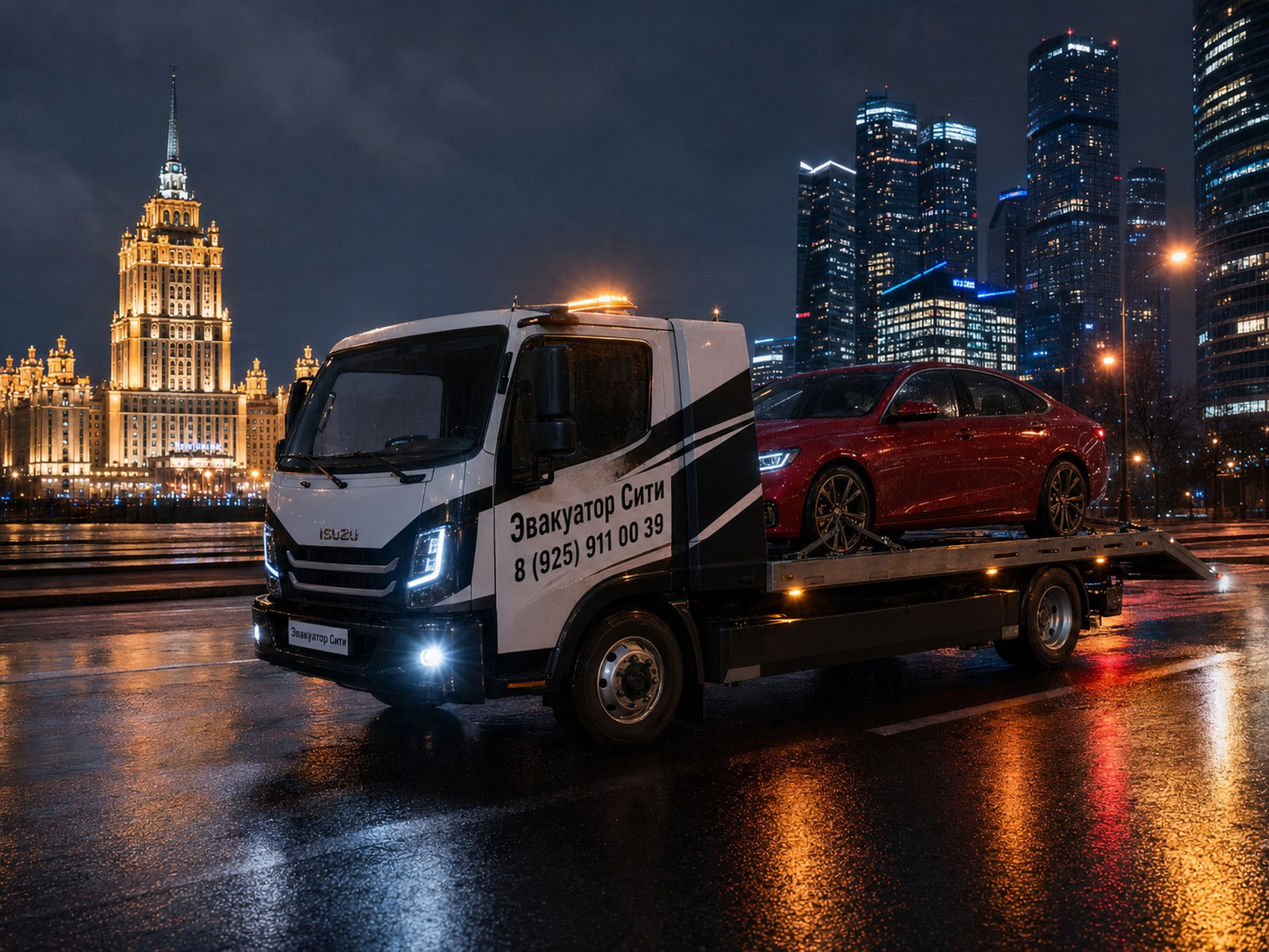 Погрузка автомобиля на эвакуатор ночью